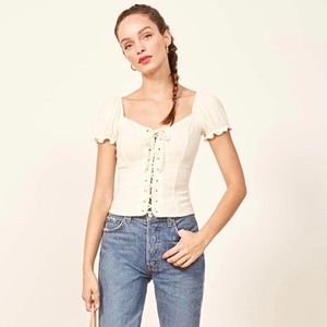 Reformation White Ribbed Tie Front Corset Sundance Top with Ruffle Sleeves